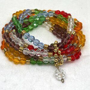 Multi color crystal beaded bracelet, seven strands, colorful bling